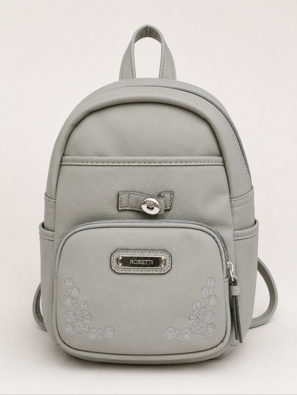 Rosetti Light Gray Mini Backpack with Floral Stitching